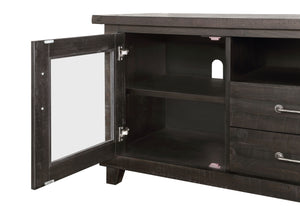 Wooden Media Console with Two Drawers and Two Glass Door Cabinets, Brown