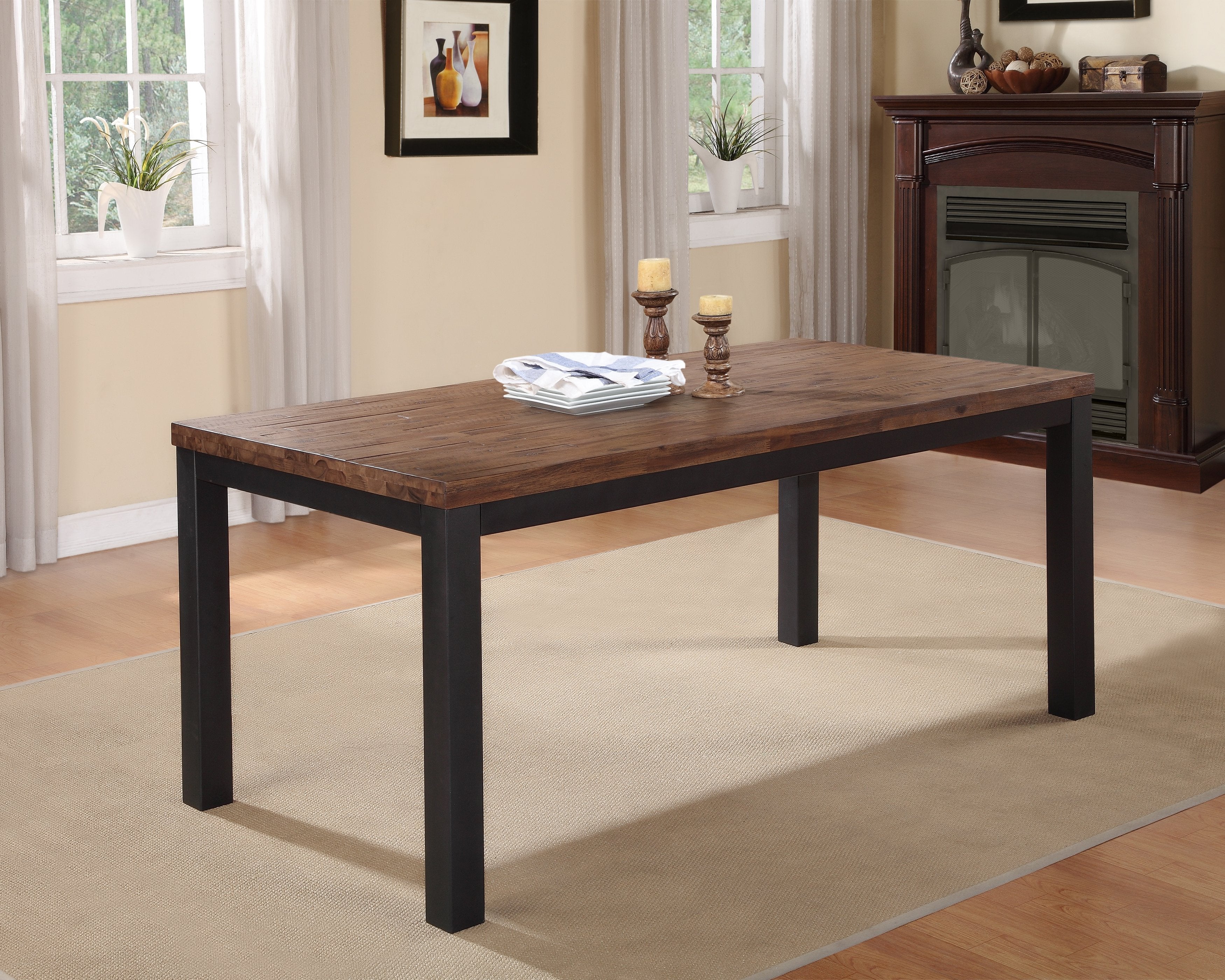 Wooden Rectangular Table with Gray Powder Coated Steel Base, Rustic Truffle Brown