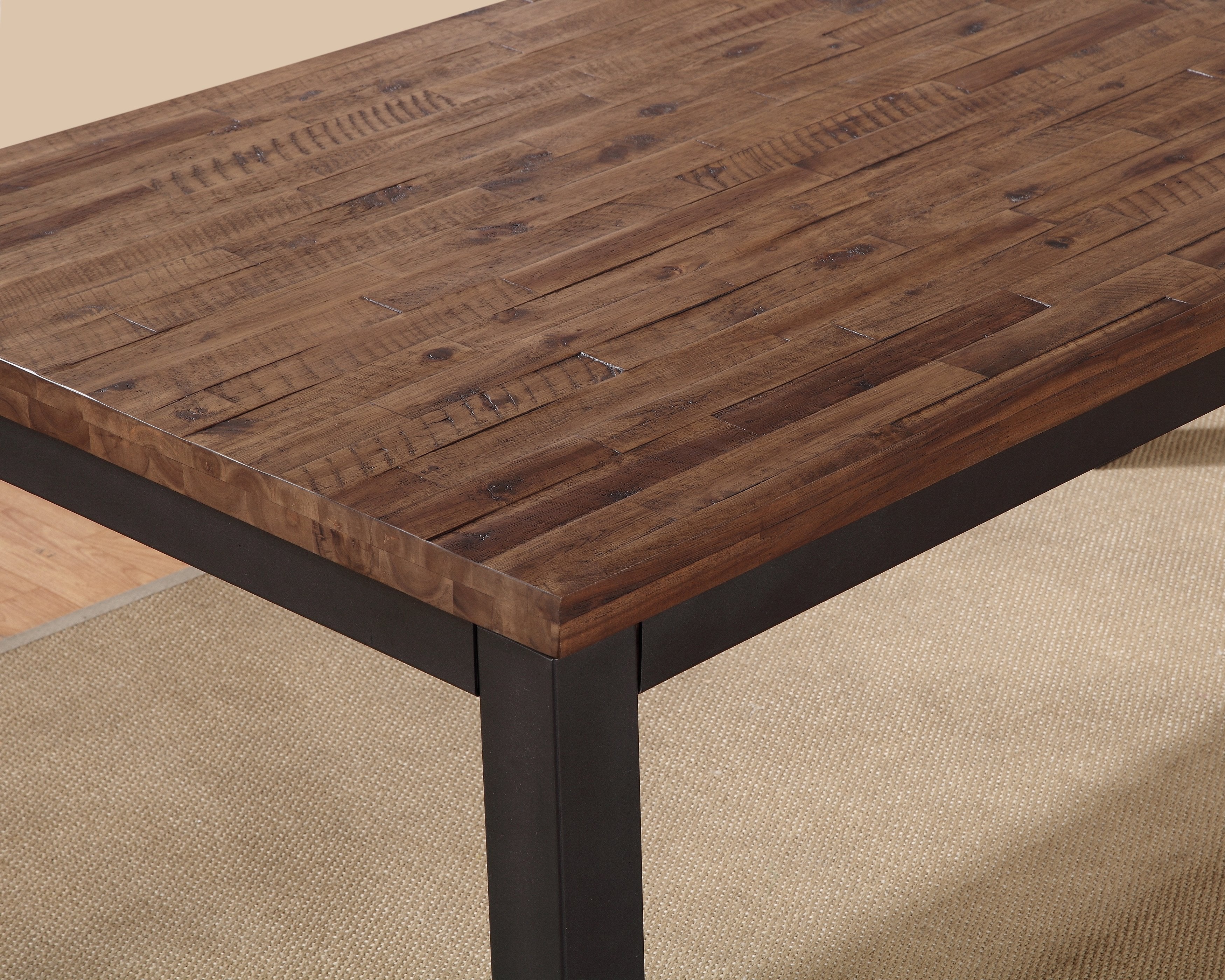 Wooden Rectangular Table with Gray Powder Coated Steel Base, Rustic Truffle Brown