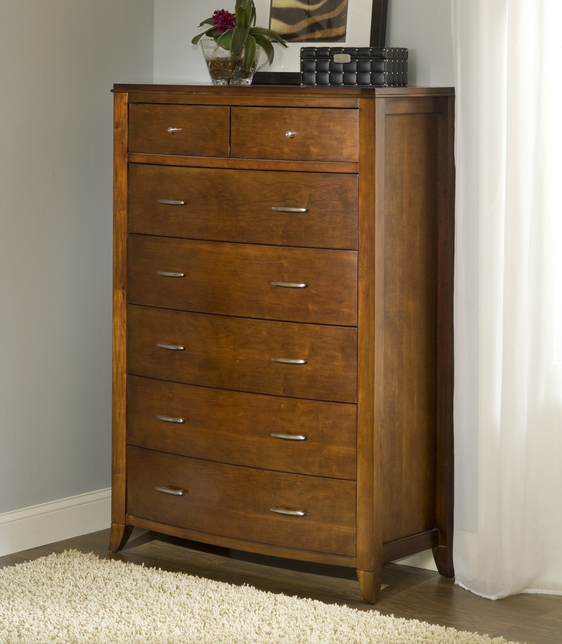 Wooden Seven Drawer Chest with Tapered Feet, Cinnamon Brown