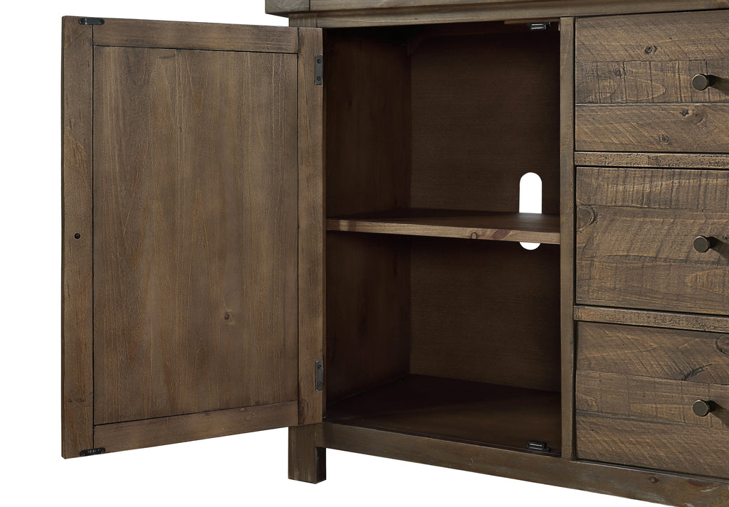 Wooden Sideboard with Three Drawers and Two Side Door Cabinets, Oak Brown