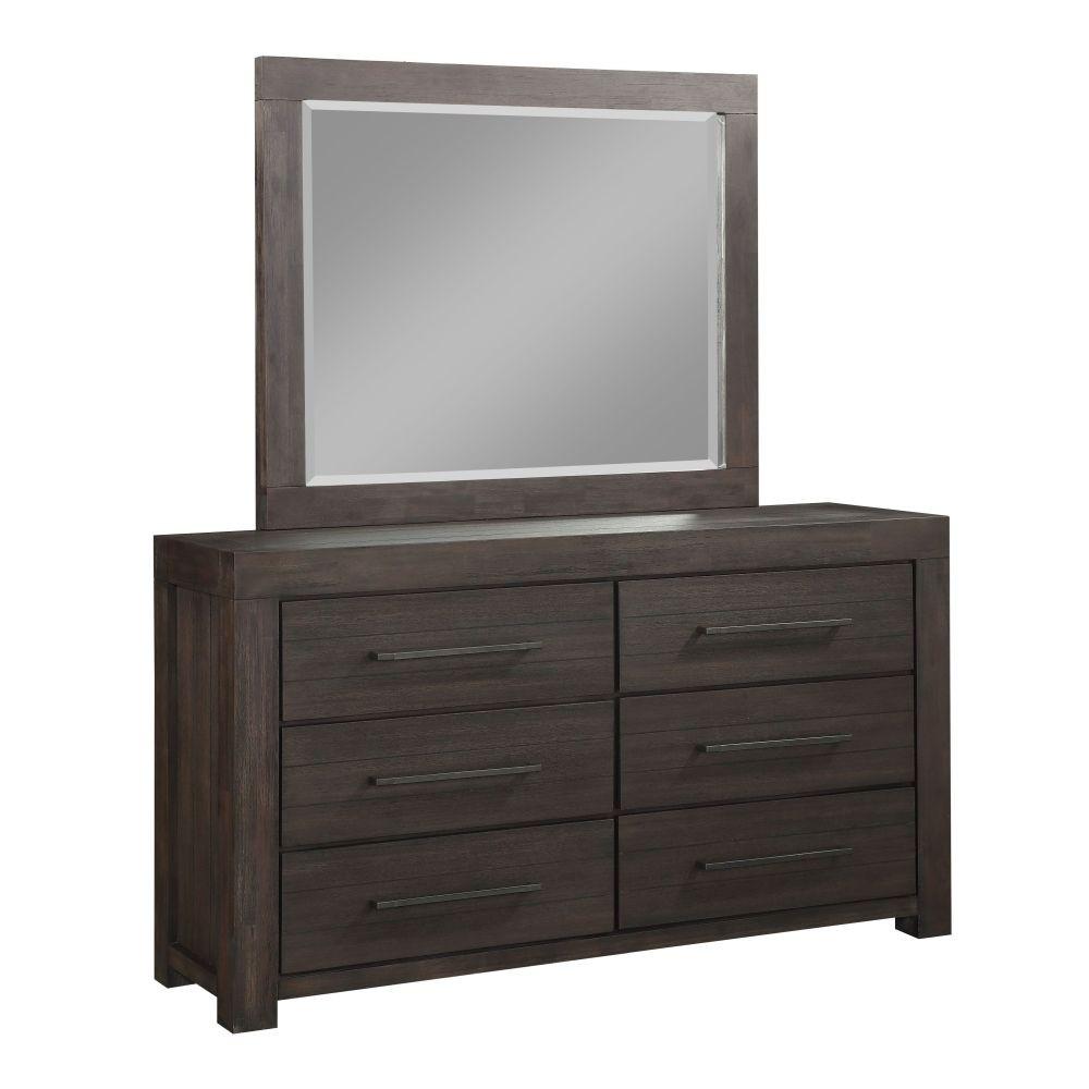 Wooden Six Drawer Dresser with Bronze Metal Pulls, Basalt Gray