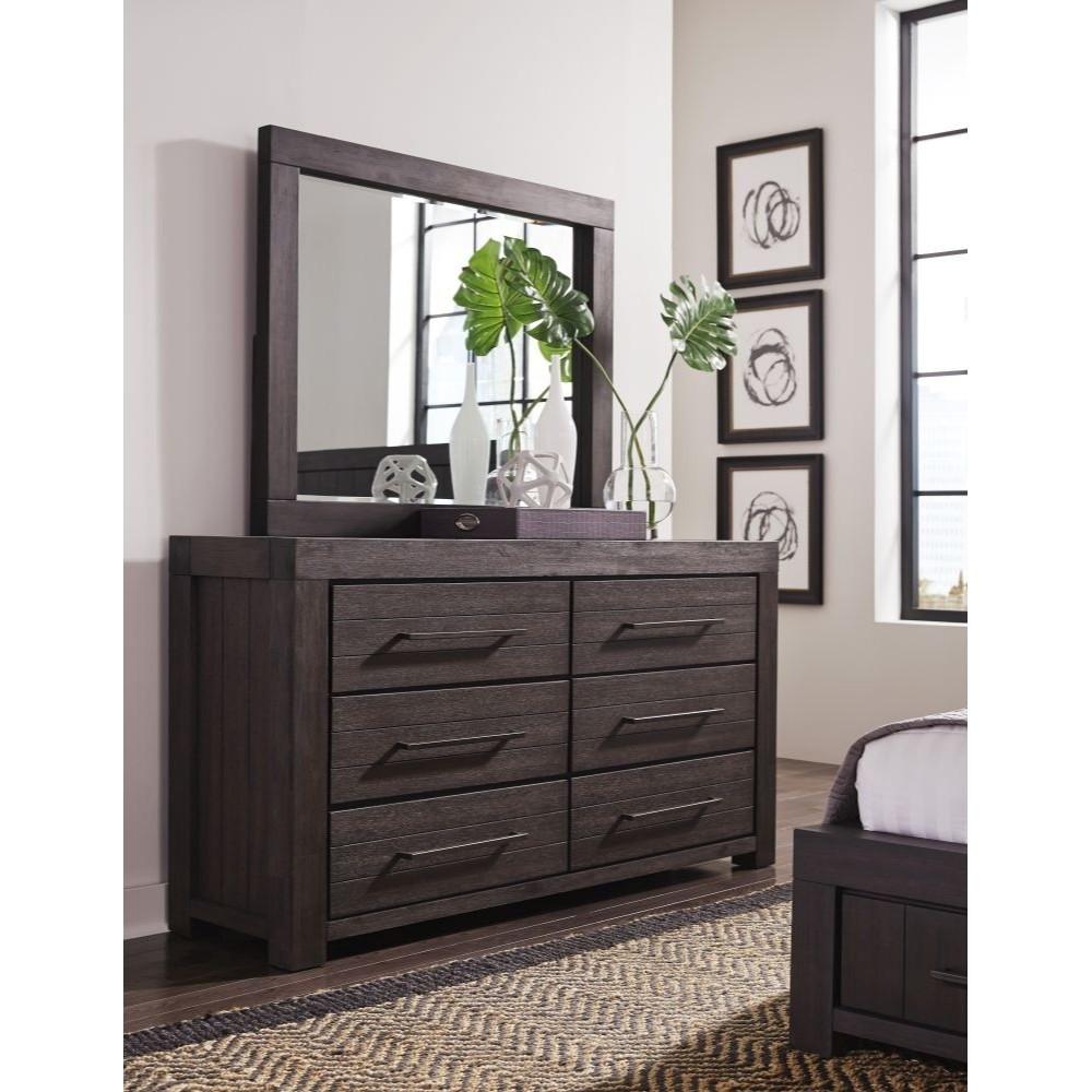 Wooden Six Drawer Dresser with Bronze Metal Pulls, Basalt Gray