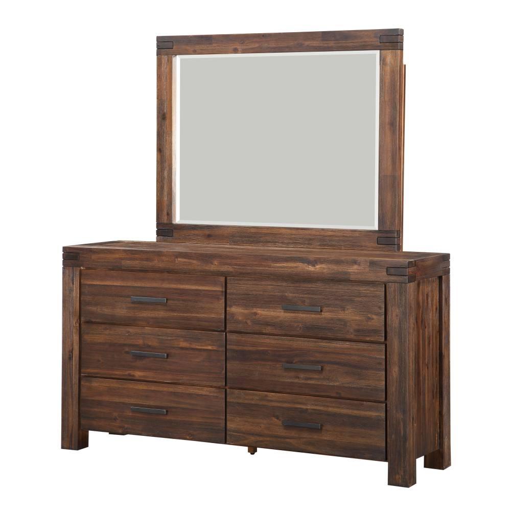 Wooden Six Drawer Dresser with Metal Pull and Tenon Corner Joints, Brick Brown