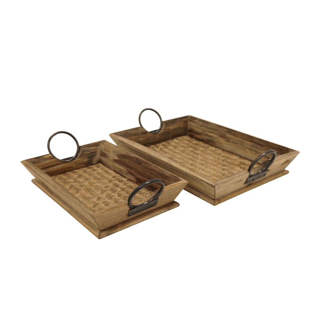 Wooden Rectangular Trays with Interwoven Wicker Base and Metal Ring Handles, Set of Two, Brown