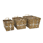 Wood and Metal Woven Rectangular Baskets with Rope Handles, Set of Three, Brown