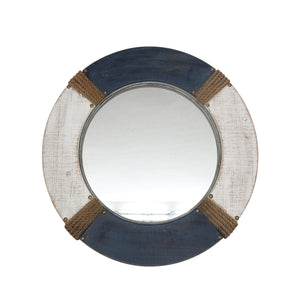 Wooden Accent Wall Mirror with Life Ring Design, Blue and White