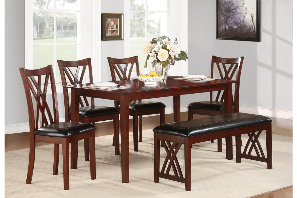 Wooden Dining Table with Leatherette Seat Chairs and Bench, Brown and Black, Pack of Six