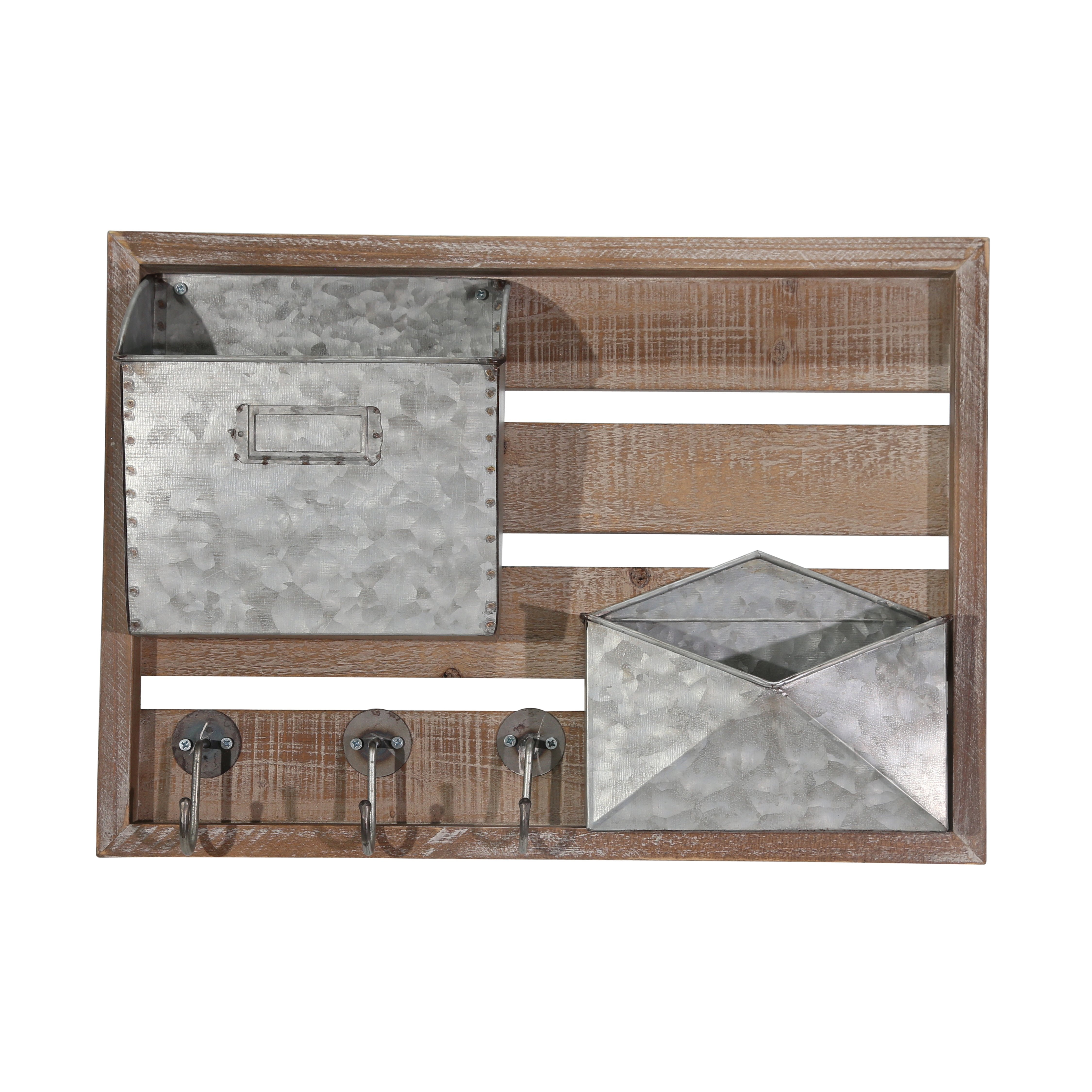 Wood and Metal Wall Mail Organizer with Three Hooks At Bottom, Gray and Brown