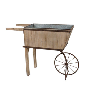 Wood and Metal Wheelbarrow Planter with Sharp Edges and Exposed Bolts, Brown and Gray