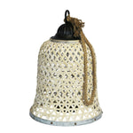 Woven Bamboo and Metal Lantern in Bell Shape with Attached Rope Hanger, Large, White