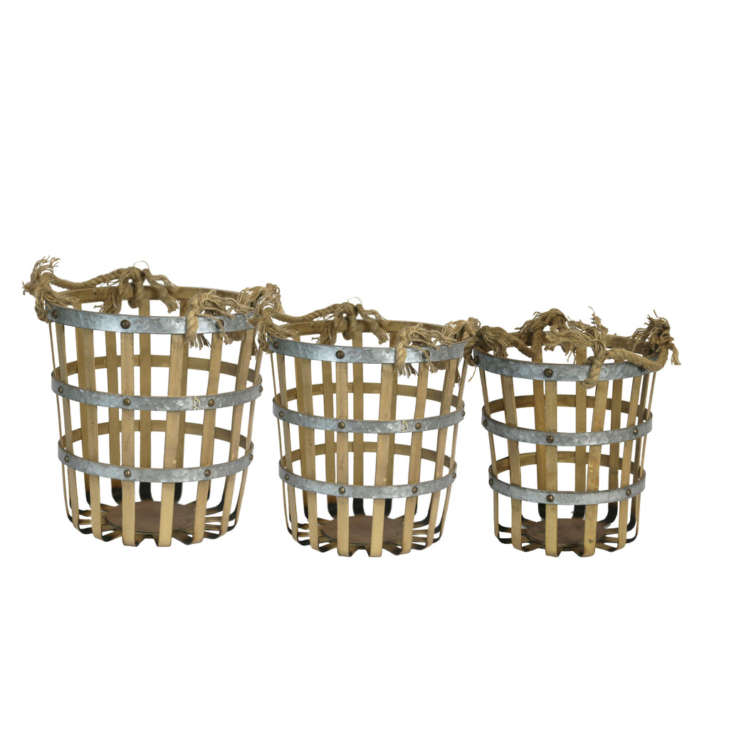 Bamboo Baskets with Metal Rim Accent and Attached Rope Handles On Sides, Brown, Set Of Three