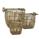 Bamboo Baskets with Metal Rim and Exposed Bolts, Brown, Set Of Three