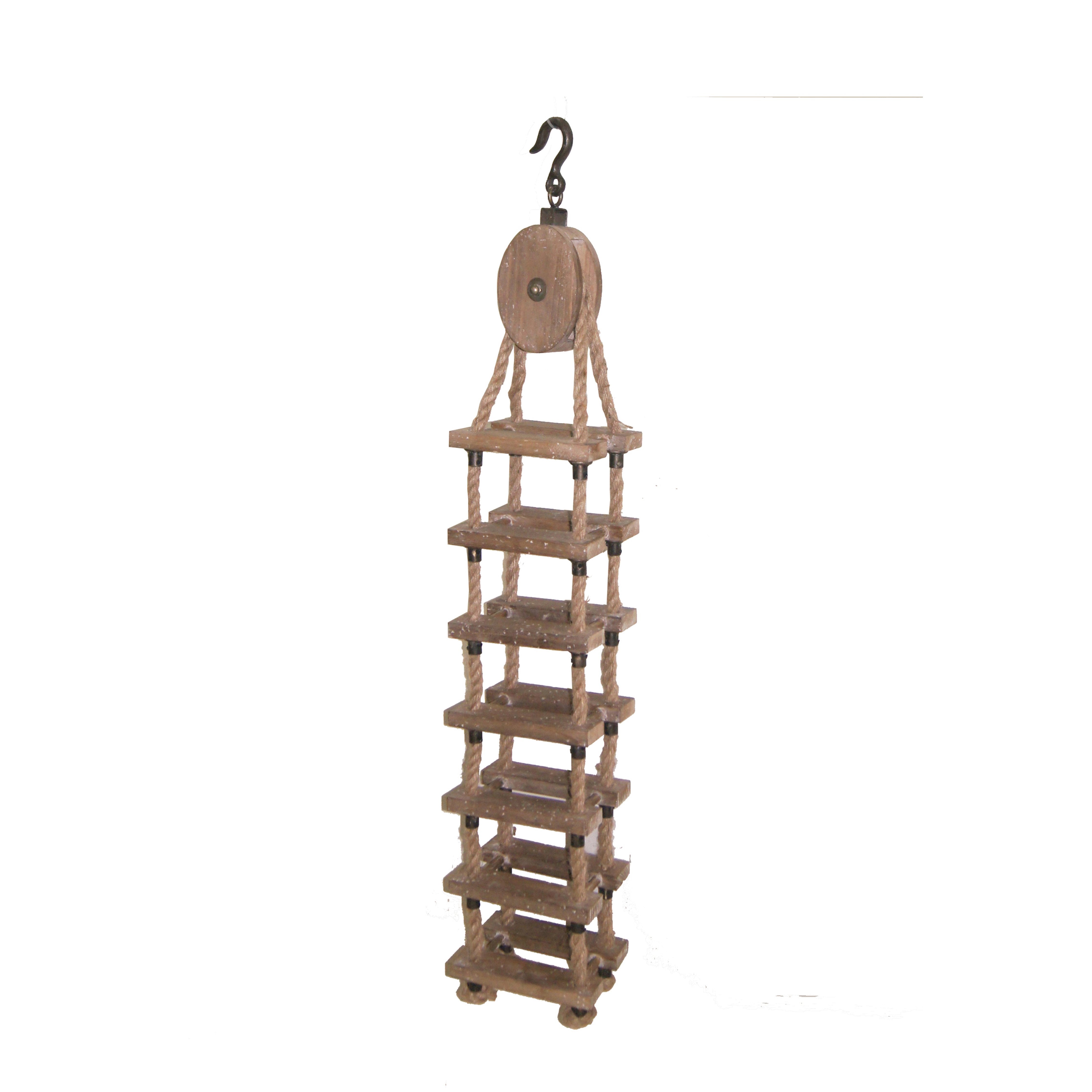 Wood and Rope Wine Shelf with Metal Hanging Hook On Top, Brown