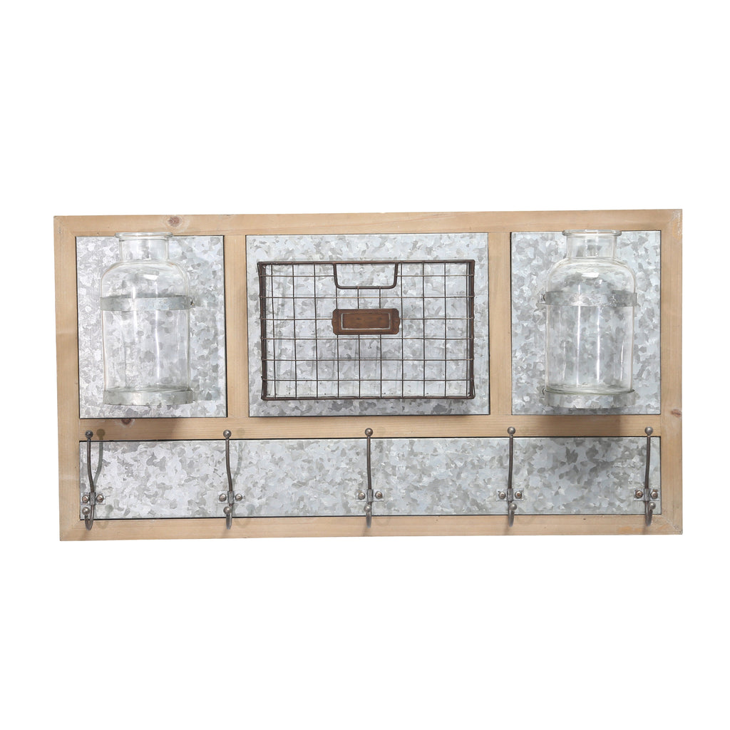 Wood and Metal Wall Organizer with Five Hooks and Two Glass Holder, Gray and Brown