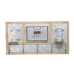 Wood and Metal Wall Organizer with Five Hooks and Two Glass Holder, Gray and Brown