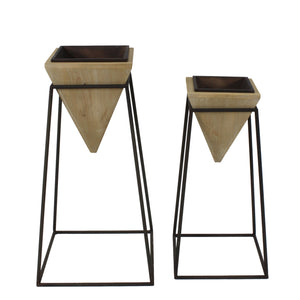 Wooden Pyramid Planters On Geometric Style Metal Stands, Natural Brown and Black, Set of Two