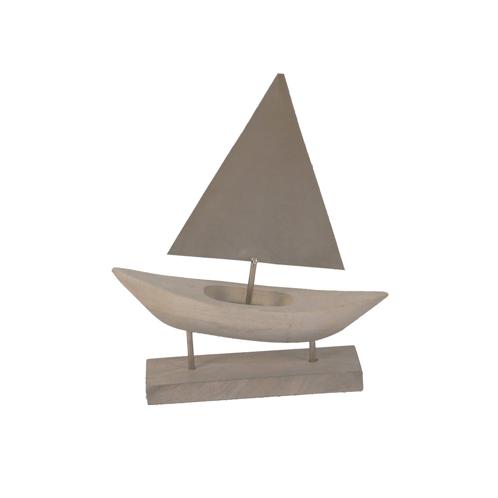 Wooden Sailboat Decor on Metal Stand, Gray and Silver