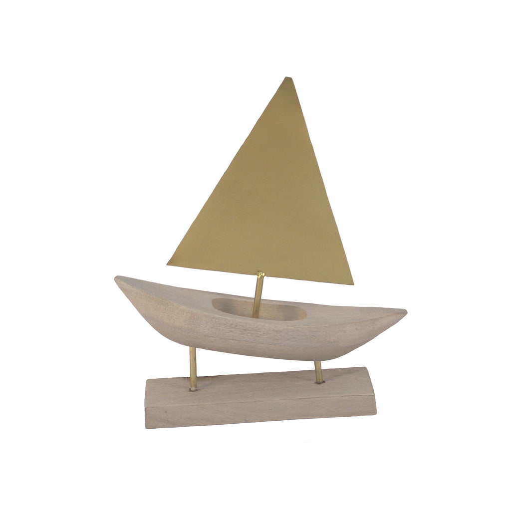 Wooden Sailboat Decor on Metal Stand, Gray and Gold