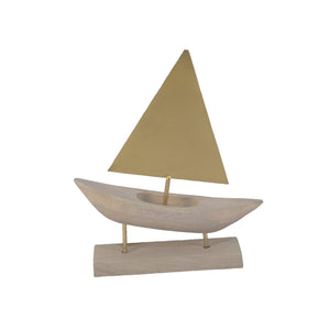 Wooden Sailboat Decor on Metal Stand, Gray and Gold