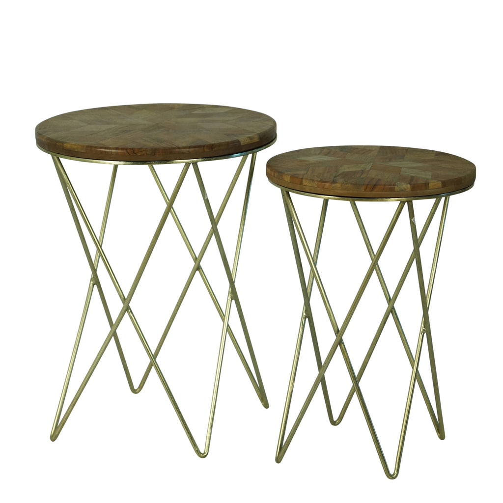 Wooden Round Tables with Metal Legs, Brown and Gold, Set of Two