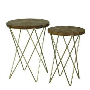 Wooden Round Tables with Metal Legs, Brown and Gold, Set of Two