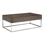 Wooden Rectangular Coffee Table with Metal Geometric Open Base, Silver and Gray