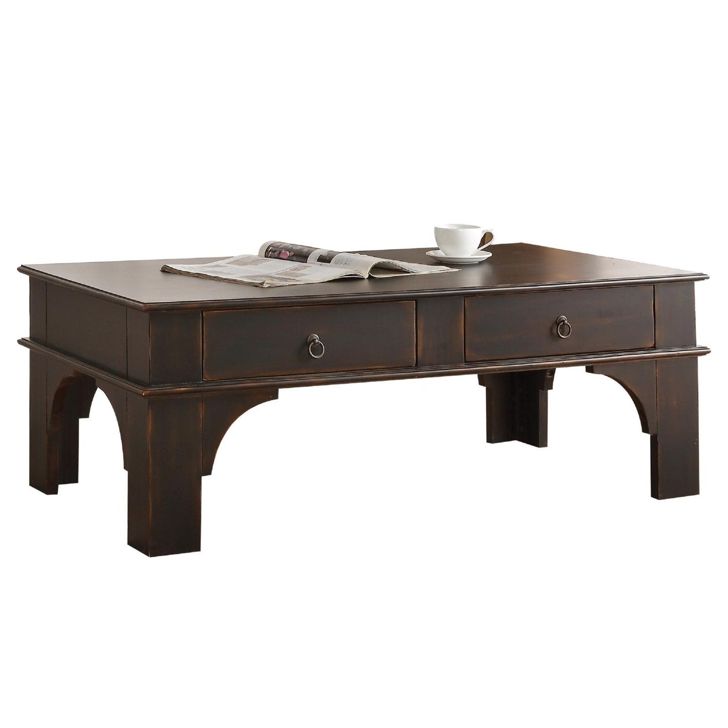 Wooden Rectangular Coffee Table with Two Drawers and Designer Base, Espresso Brown