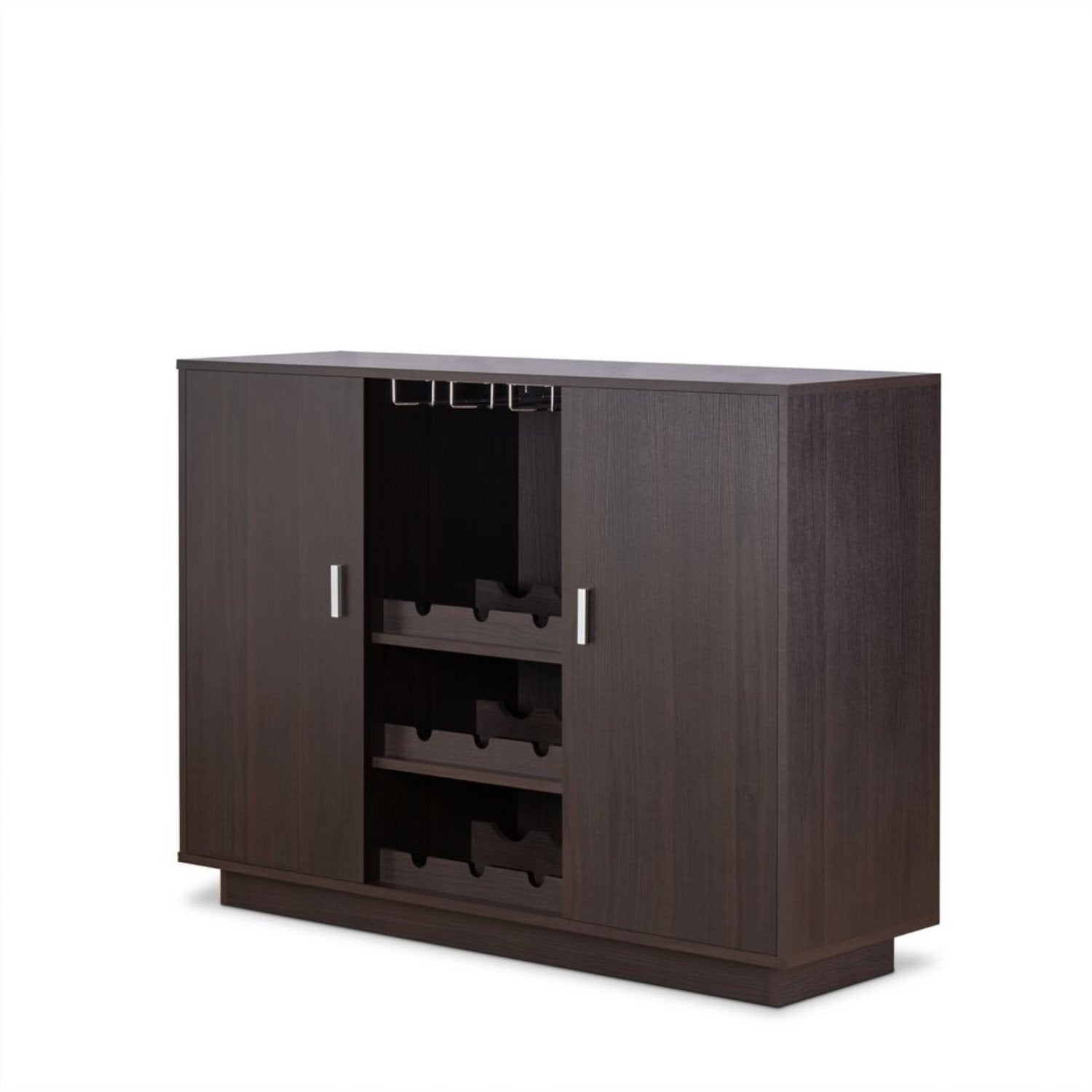 Wooden Server with Two Side Door Storage Cabinets and Stemware Rack, Espresso Brown