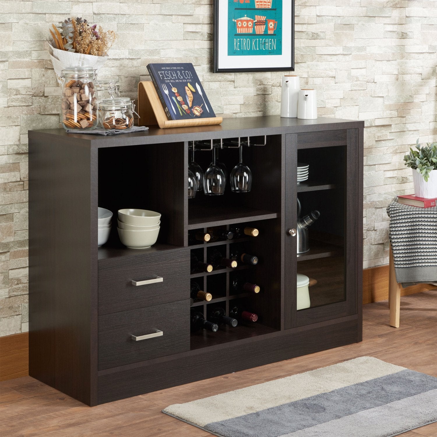 Wooden Server with One Side Door Storage Cabinets and Two Drawers, Espresso Brown