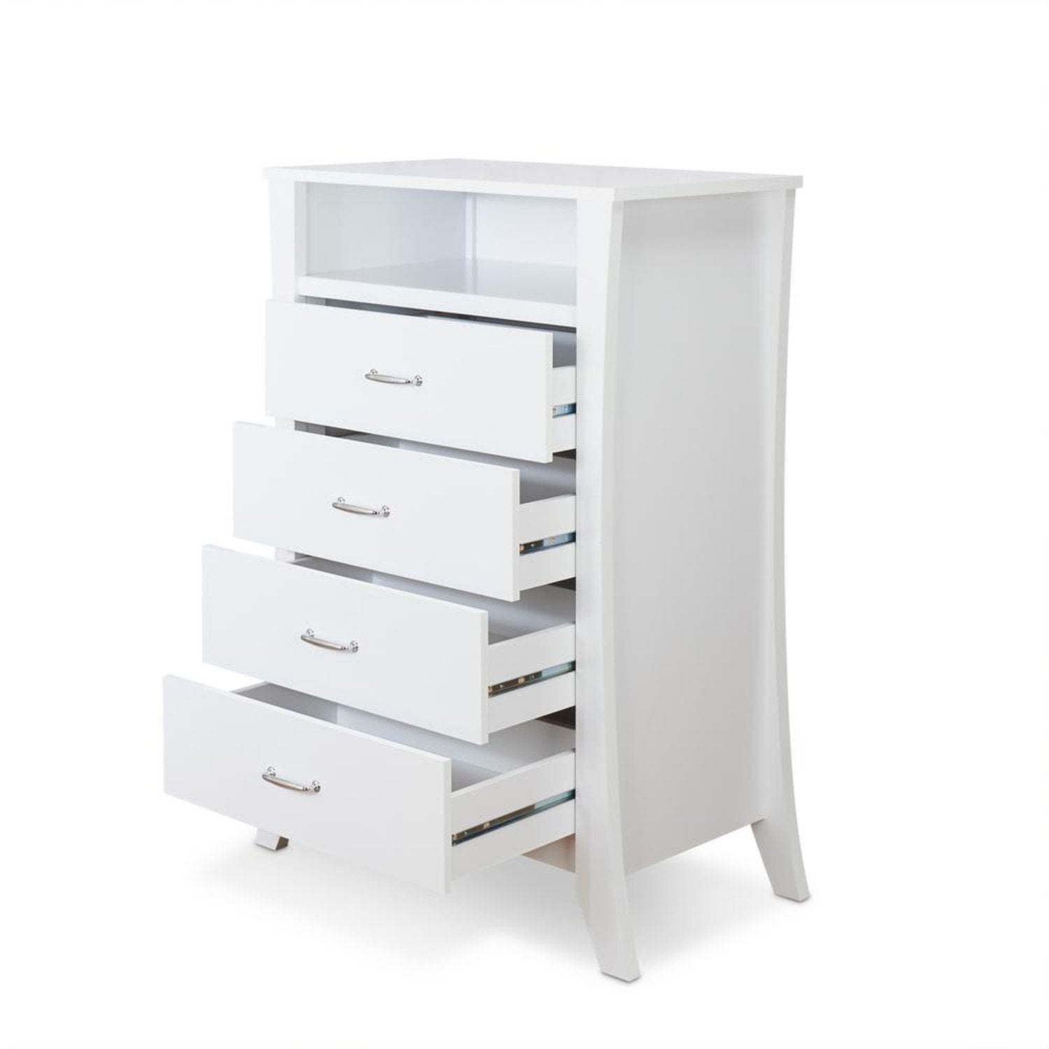 Wooden Four Drawers Chest with Open Top Compartment and Splayed Legs, White