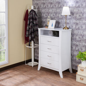 Wooden Four Drawers Chest with Open Top Compartment and Splayed Legs, White