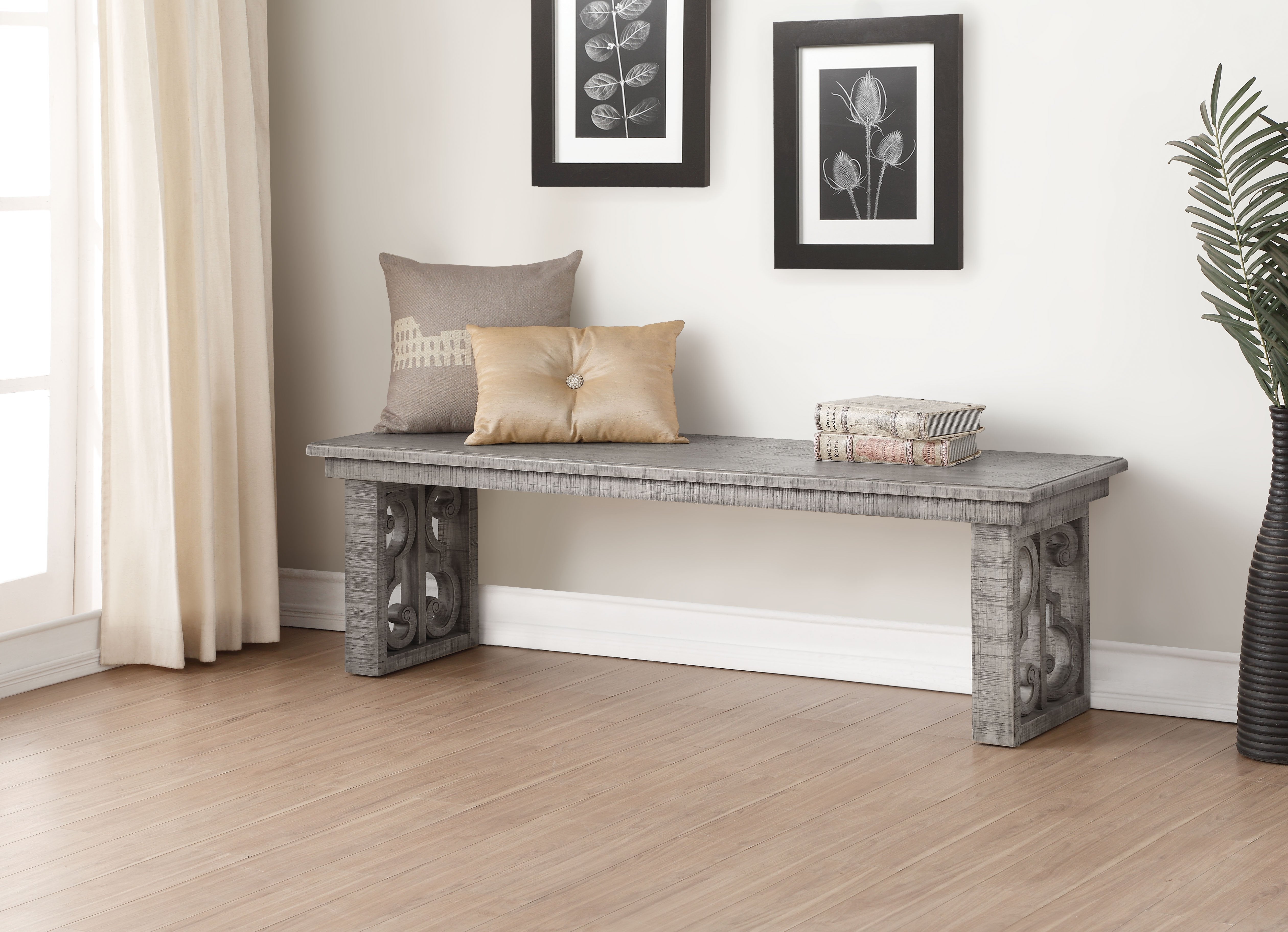 Wooden Dining Bench with Sled Legs and Decorative Scrolled Motifs, Gray