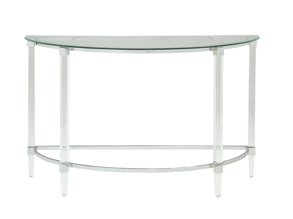 Acrylic and Metal Half Moon Sofa Table with Glass Top, Silver and Clear