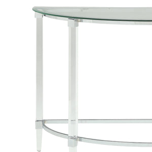 Acrylic and Metal Half Moon Sofa Table with Glass Top, Silver and Clear