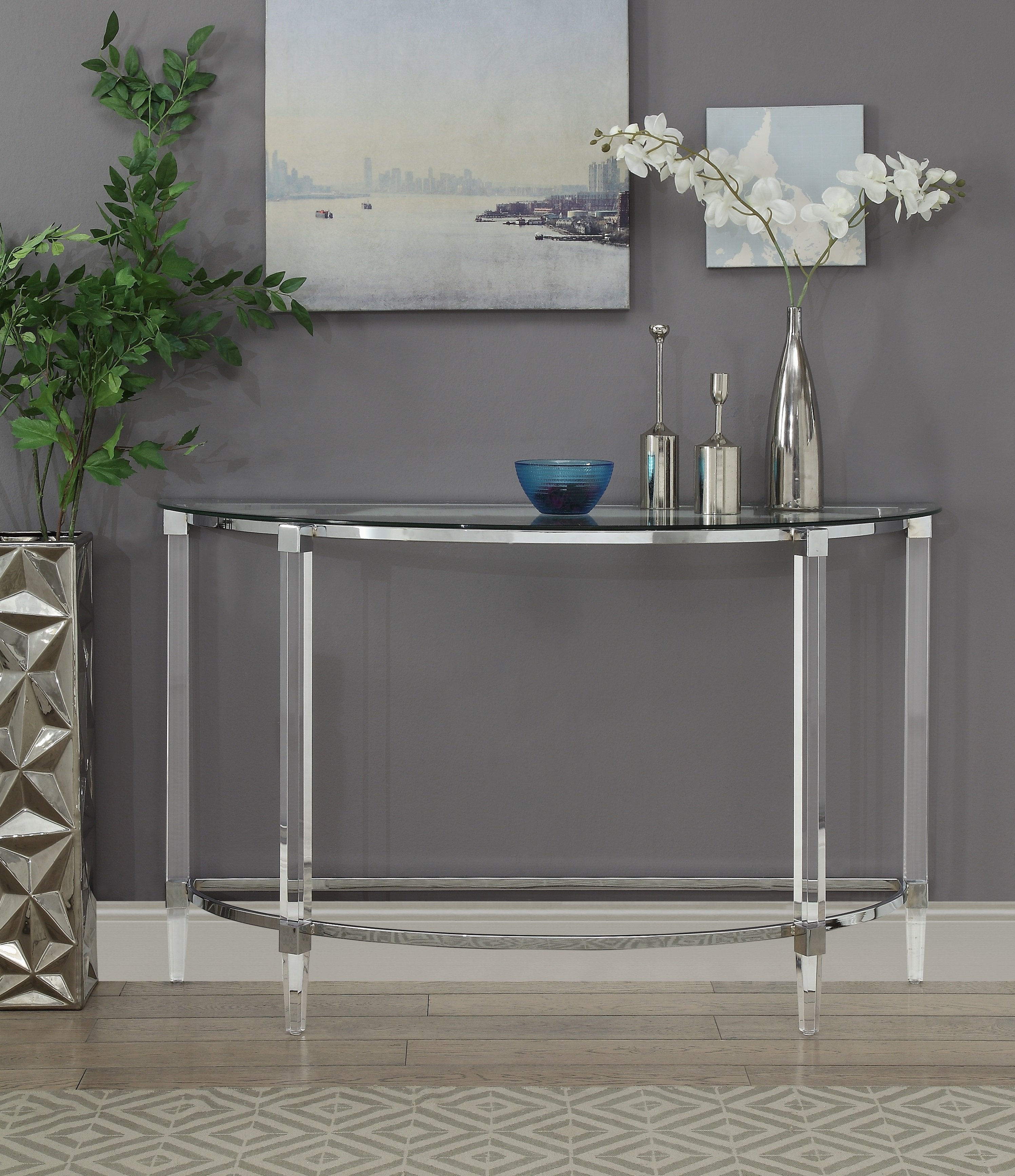 Acrylic and Metal Half Moon Sofa Table with Glass Top, Silver and Clear