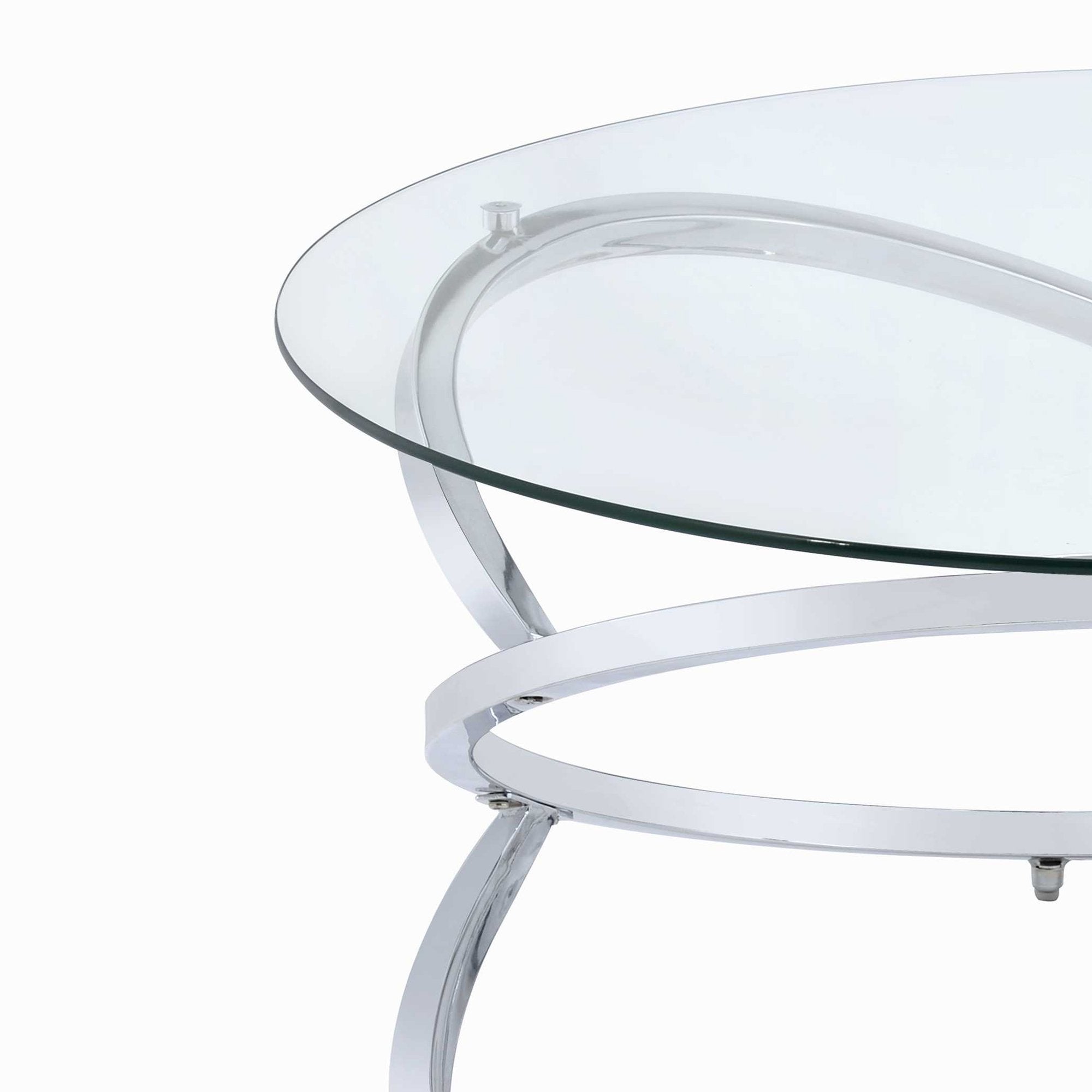 Abstract Glass Top Coffee Table with X Shape Ring Base Support, Silver and Clear