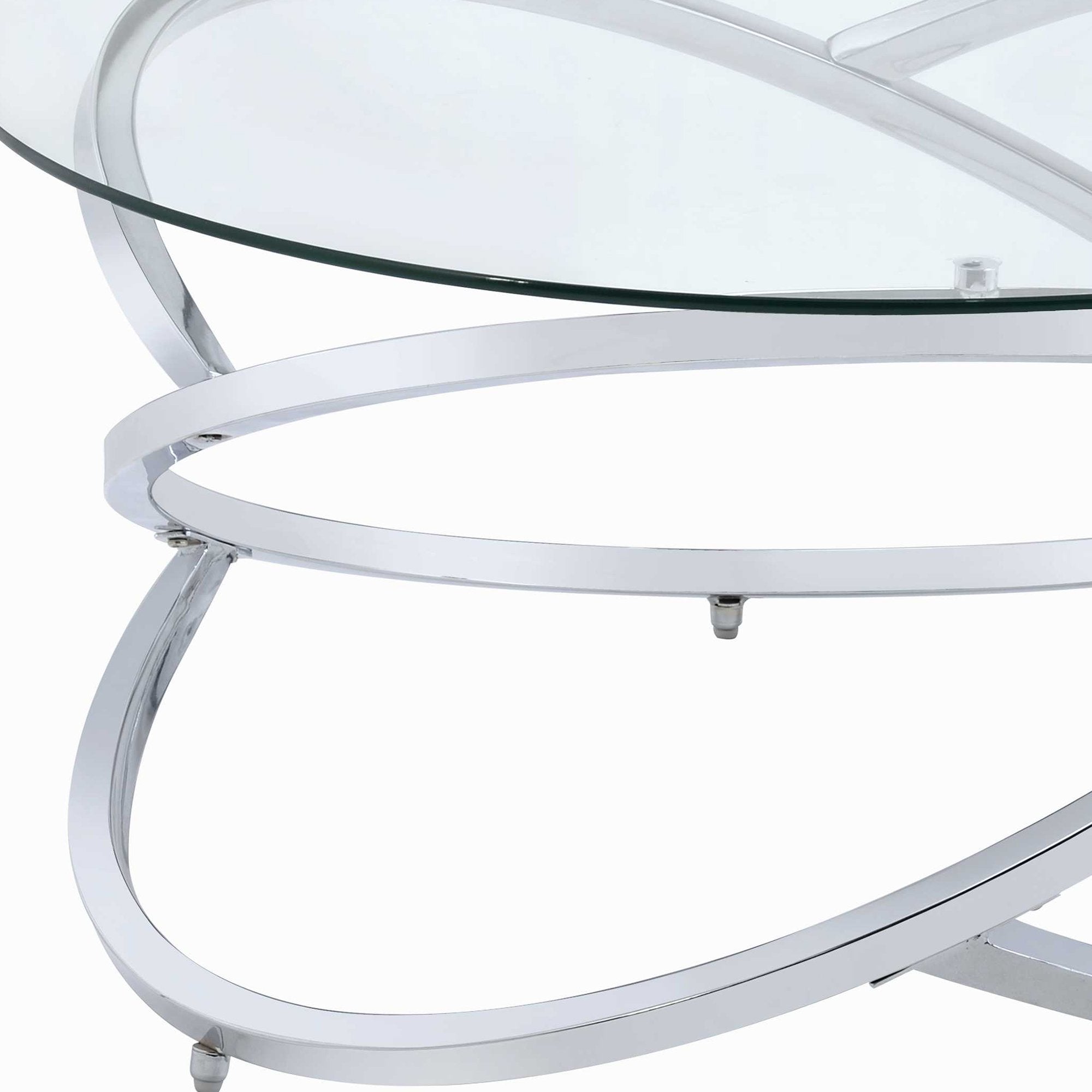 Abstract Glass Top Coffee Table with X Shape Ring Base Support, Silver and Clear