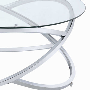 Abstract Glass Top Coffee Table with X Shape Ring Base Support, Silver and Clear