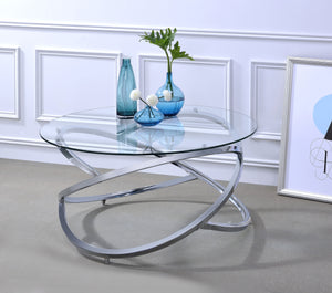 Abstract Glass Top Coffee Table with X Shape Ring Base Support, Silver and Clear