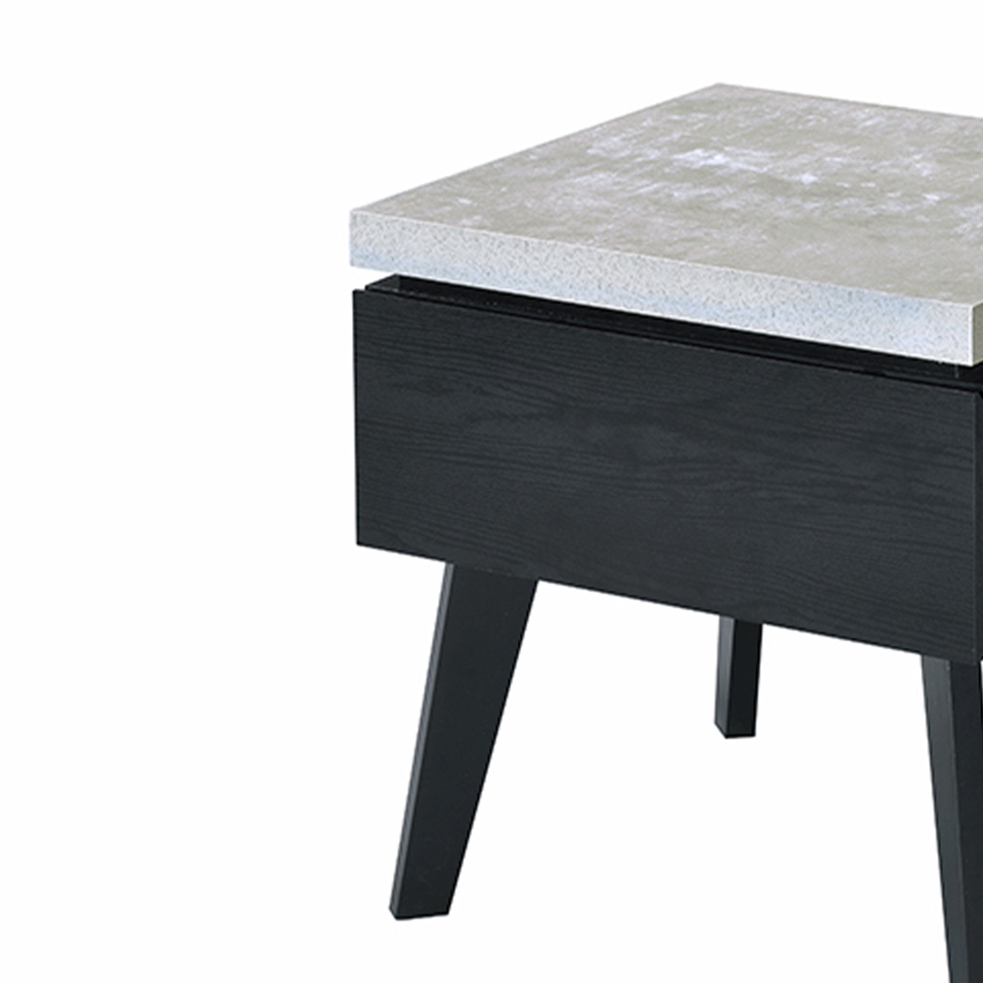 Wooden End Table with Faux Concrete Like Top and Tapered Legs Support, White and Black