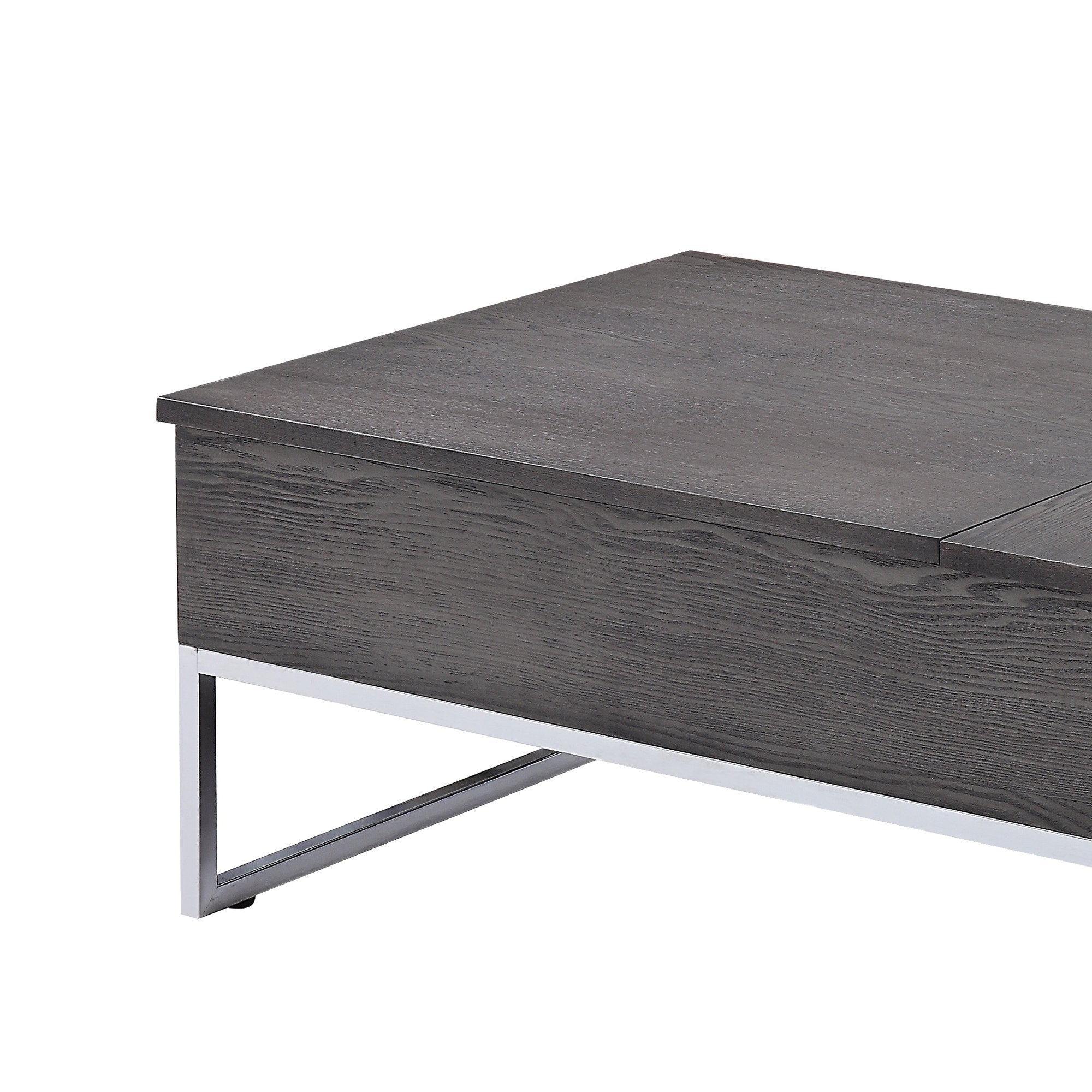 Wooden Coffee Table with Two Lift Tops and Metal Sled Leg Support, Gray and Silver