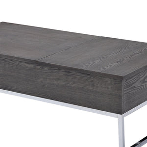 Wooden Coffee Table with Two Lift Tops and Metal Sled Leg Support, Gray and Silver