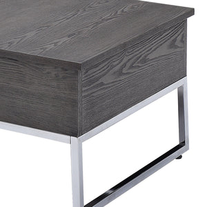 Wooden Coffee Table with Two Lift Tops and Metal Sled Leg Support, Gray and Silver