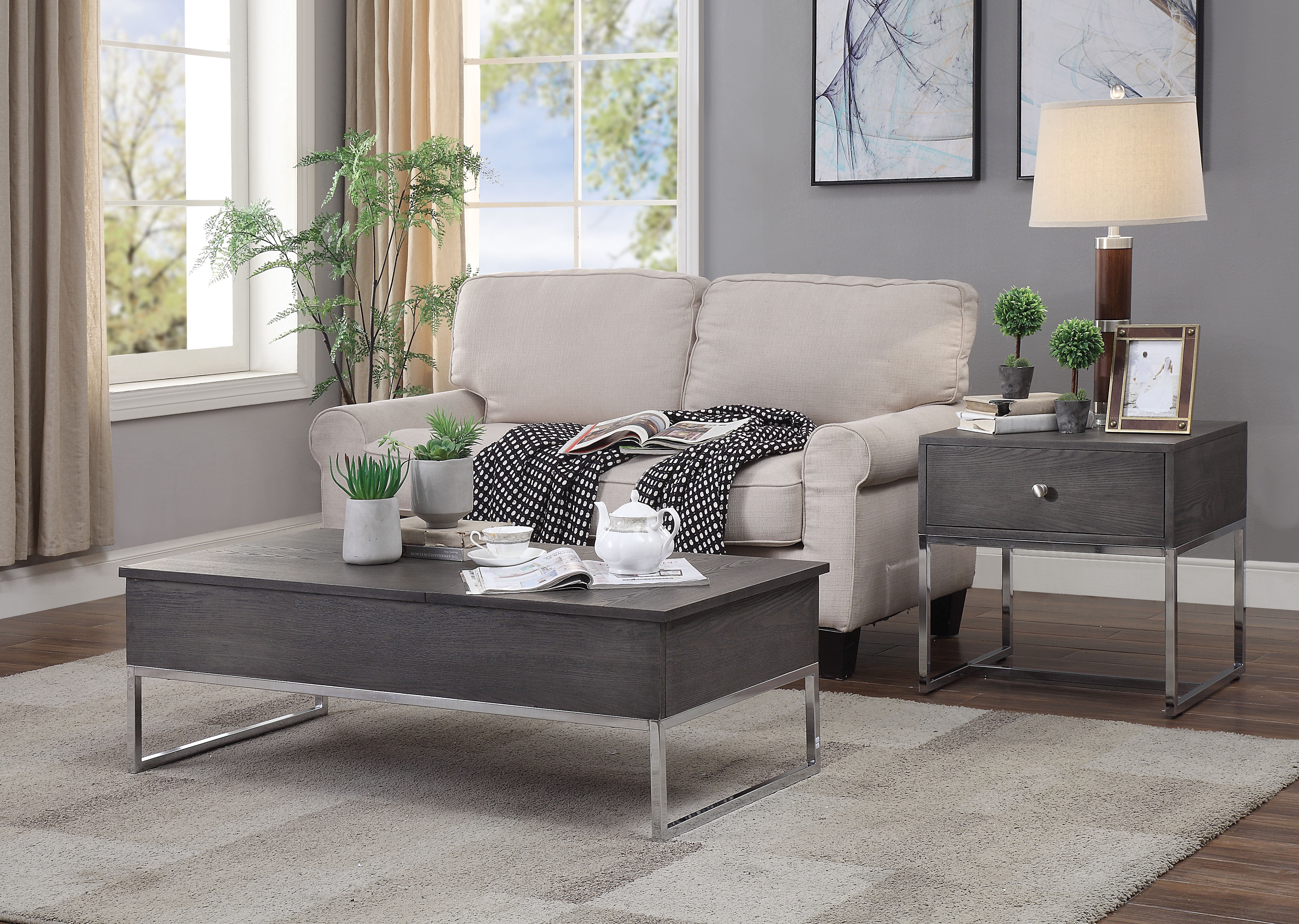 Wooden Coffee Table with Two Lift Tops and Metal Sled Leg Support, Gray and Silver