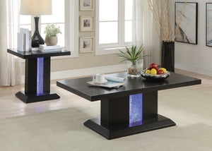 Wooden Coffee Table with LED Inlaid Pedestal Base and Beveled Edges, Black