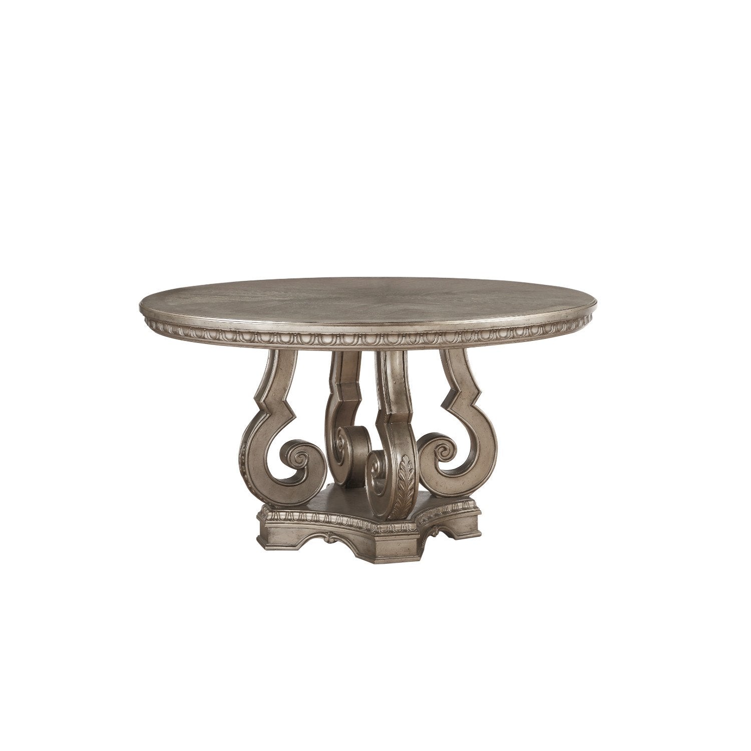 Wooden Dining Table with Polyresin Carvings and Pedestal Base, Champagne Gold