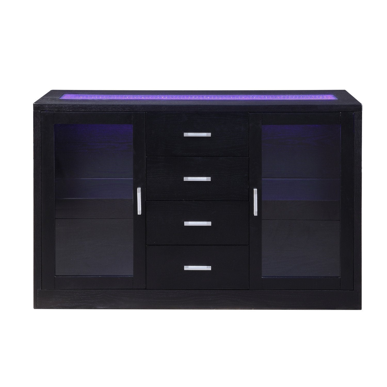 Wooden Dining Server with Two Glass Door Cabinets and LED Light, Black