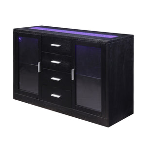 Wooden Dining Server with Two Glass Door Cabinets and LED Light, Black