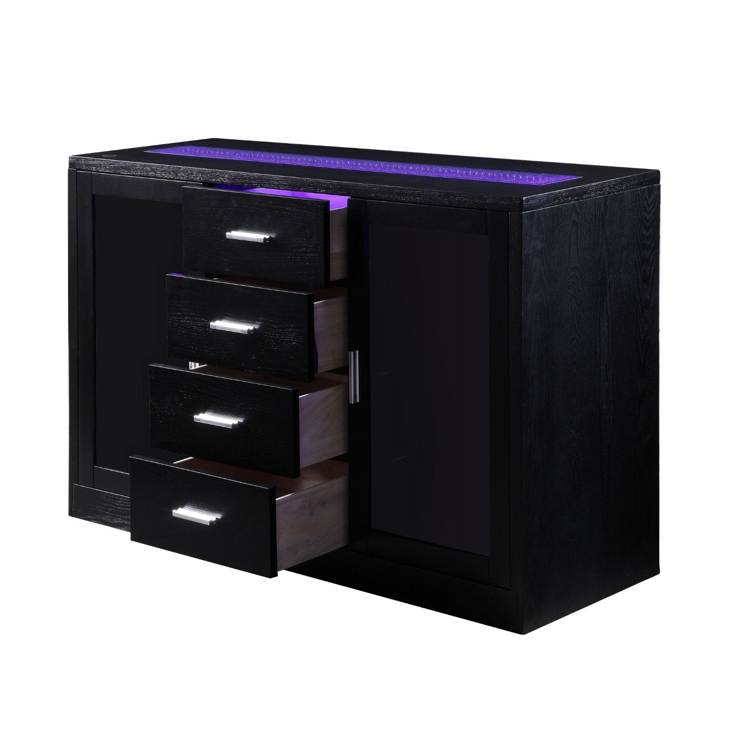 Wooden Dining Server with Two Glass Door Cabinets and LED Light, Black